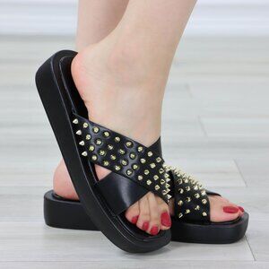 Black Sliders Slip On Sandals Faux Leather Gold Metal Stud Criss Cross
